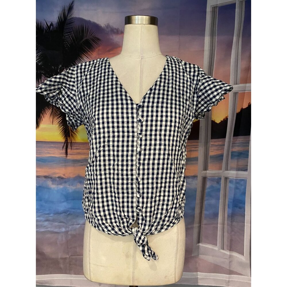 Sim & Sam Women Size Lrg Navy White gingham Checked Button Tie Front Casual Shir